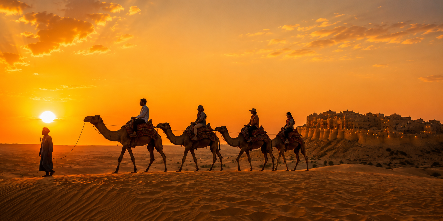 Camel caravan crossing the golden dunes near Sam, Jaisalmer